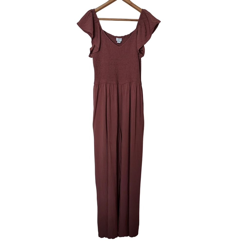 Japna Smocked Flutter Sleeve Wide Leg‎ Jumpsuit Terracotta Brown Mauve Boho